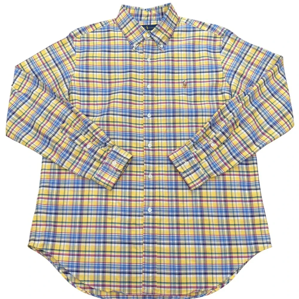 Ralph Lauren Button Down Shirt‎ Mens Large Yellow Blue Plaid Classic Fit Cotton